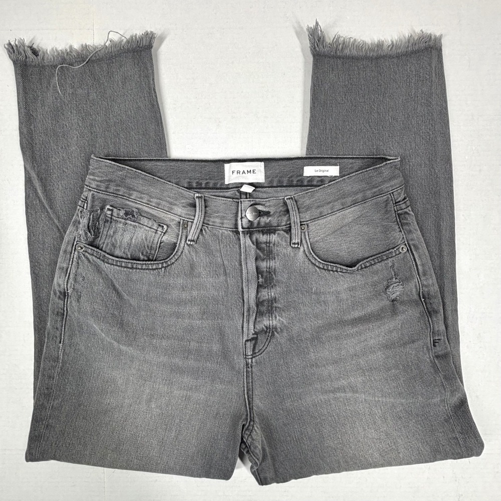 FRAME Gray Distressed Jeans Womens 29 30X27 Frayed Hem Button Fly Cropped EUC